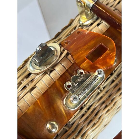 Vintage Atlas Sea Shell Tan Straw Woven Wicker PURSE Pearls Women HANDBAG BAG - Picture 9 of 13